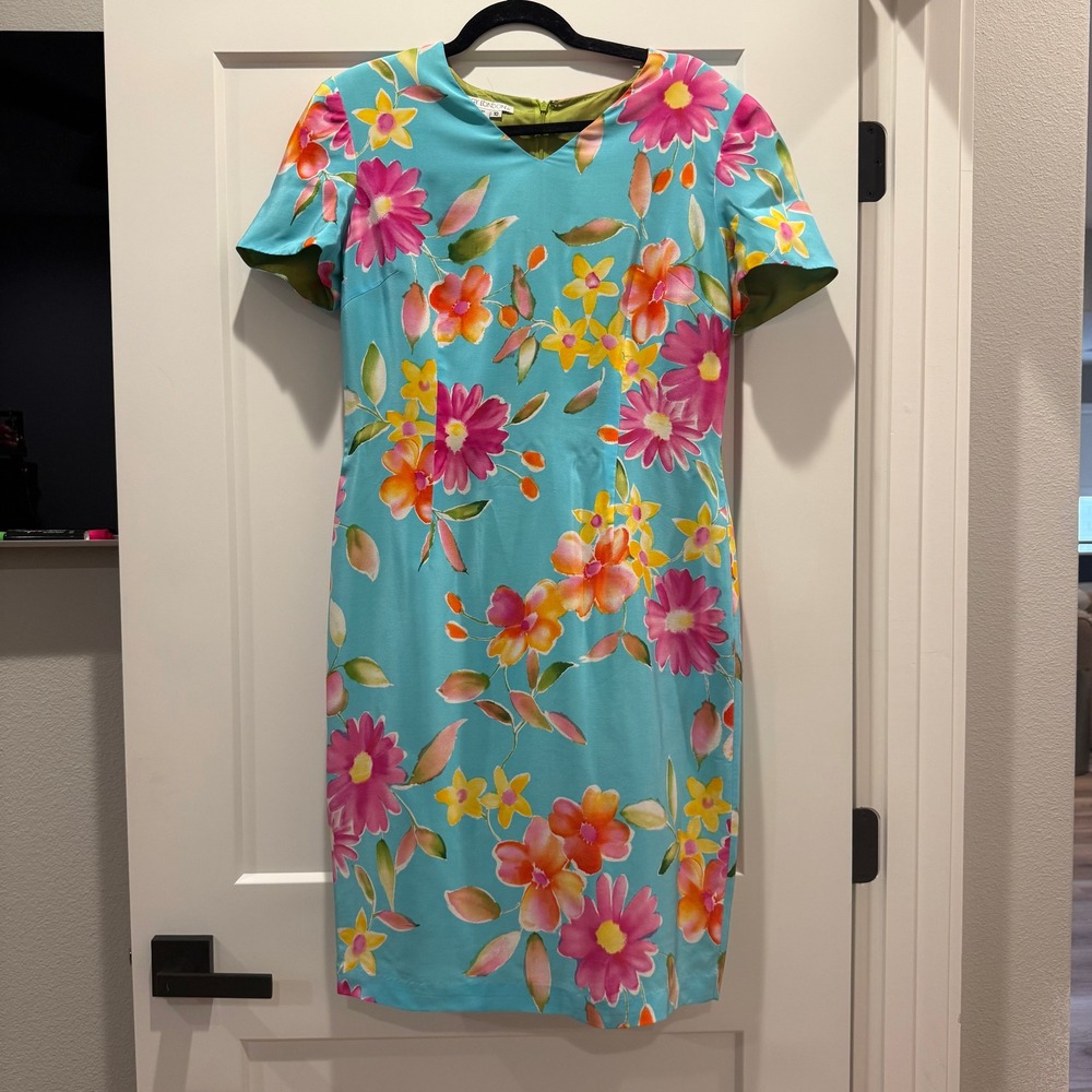 Maggy London 100% Silk Floral Knee Length Sheath Dress Women's Size 10